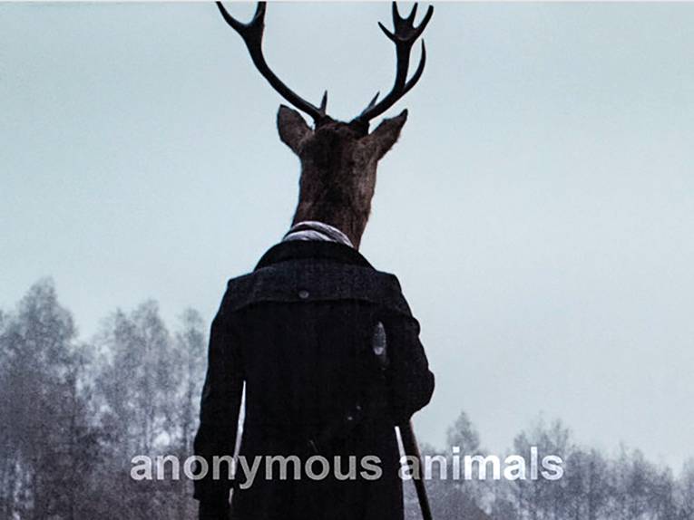 Auf dem Foto ist eine aufrecht stehende Person mit Hirschkopf von hinten zu sehen. Sie trägt Schal und eine dunkle Jacke.